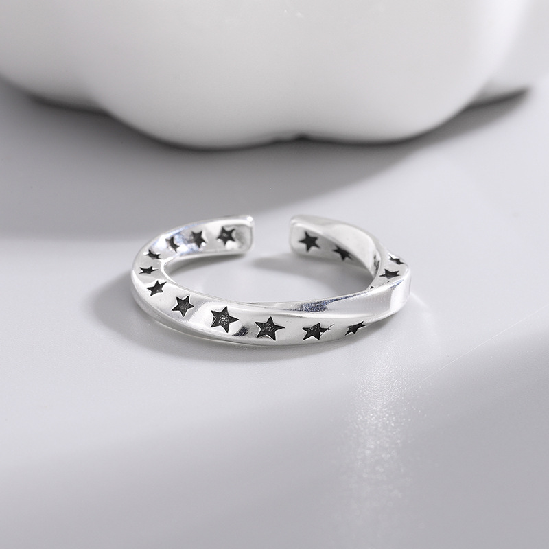 韩国复古星星做旧戒指ringins开口可调小众个性素圈食指戒