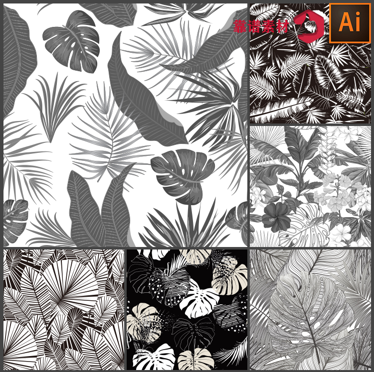 黑白热带雨林植物棕榈树叶墙纸服装饰印花图案矢量设计素材2575