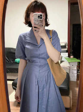 夏季法式简约蓝色短袖连衣裙系带收腰显白气质通勤减龄时尚长裙女