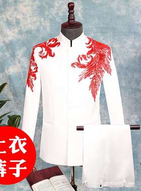 新款中国风中山装中山服绣花中式婚礼男士主持人礼服唐装大合唱演