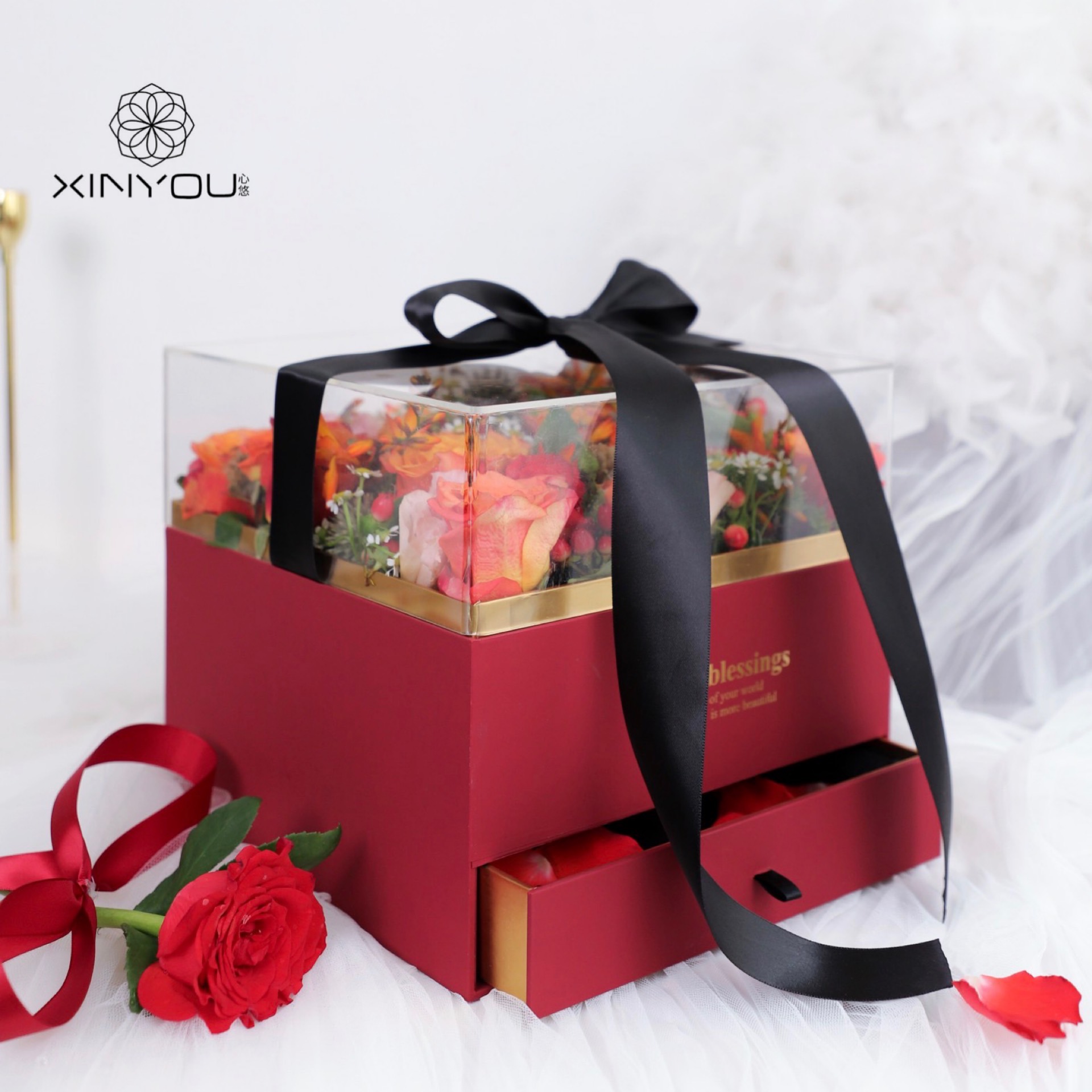 心悠情人节礼盒水晶抽屉盒放口红礼物惊喜盒子鲜花玫瑰插花花艺盒