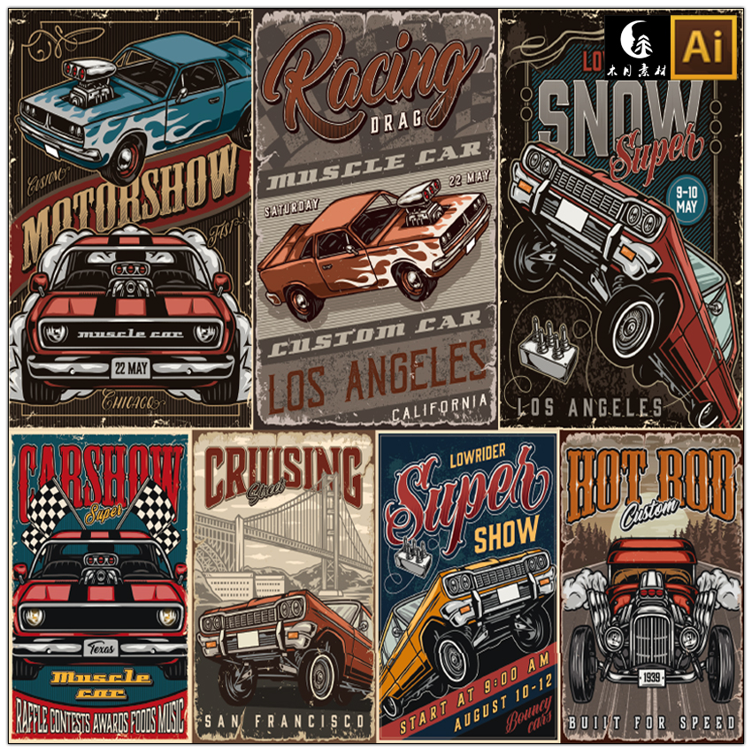 定制复古怀旧汽车机车摩托机车赛车海报插画矢量图片设计素材