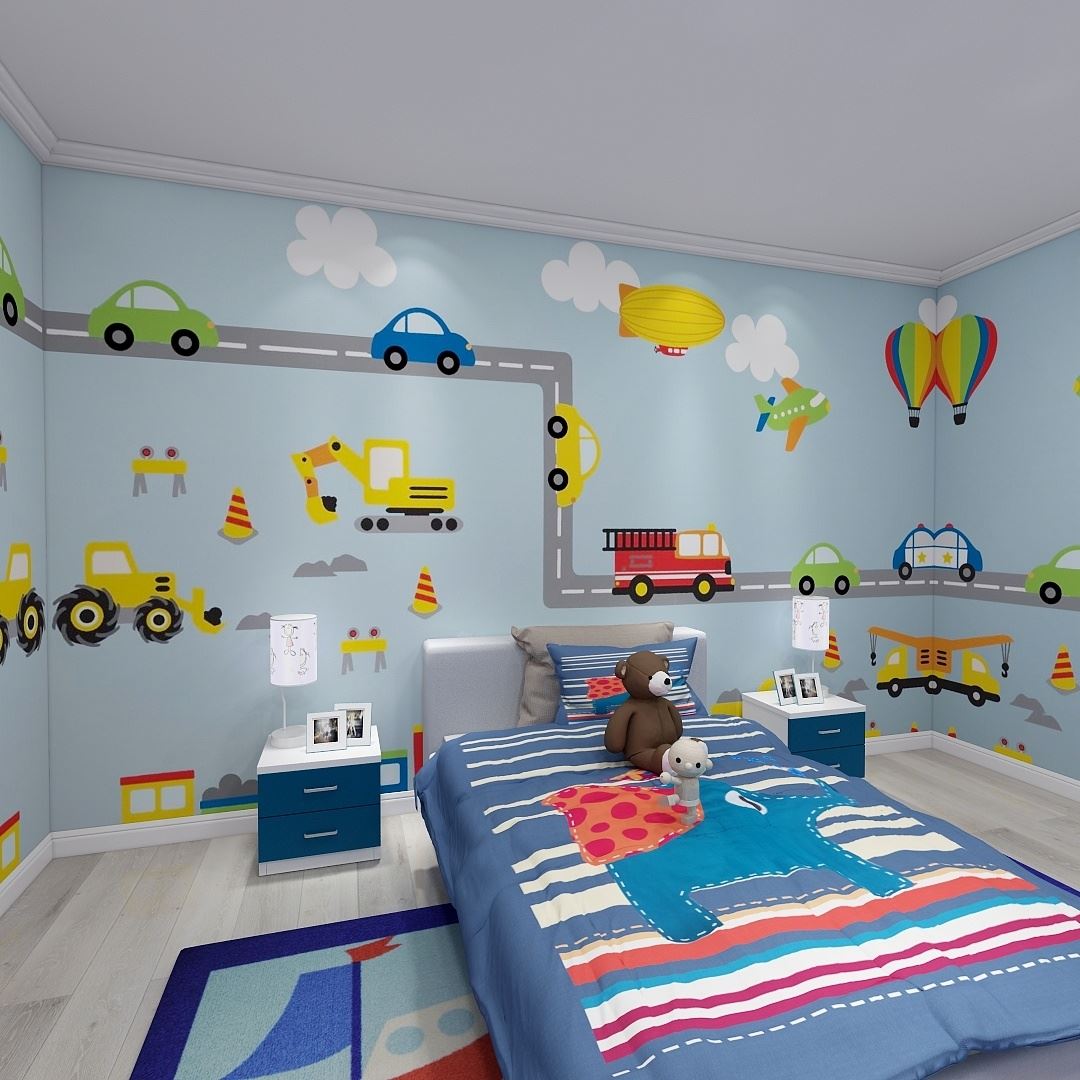 儿童房壁纸男孩女孩卡通卧室房间墙纸环保幼儿园3d小汽车壁画墙布