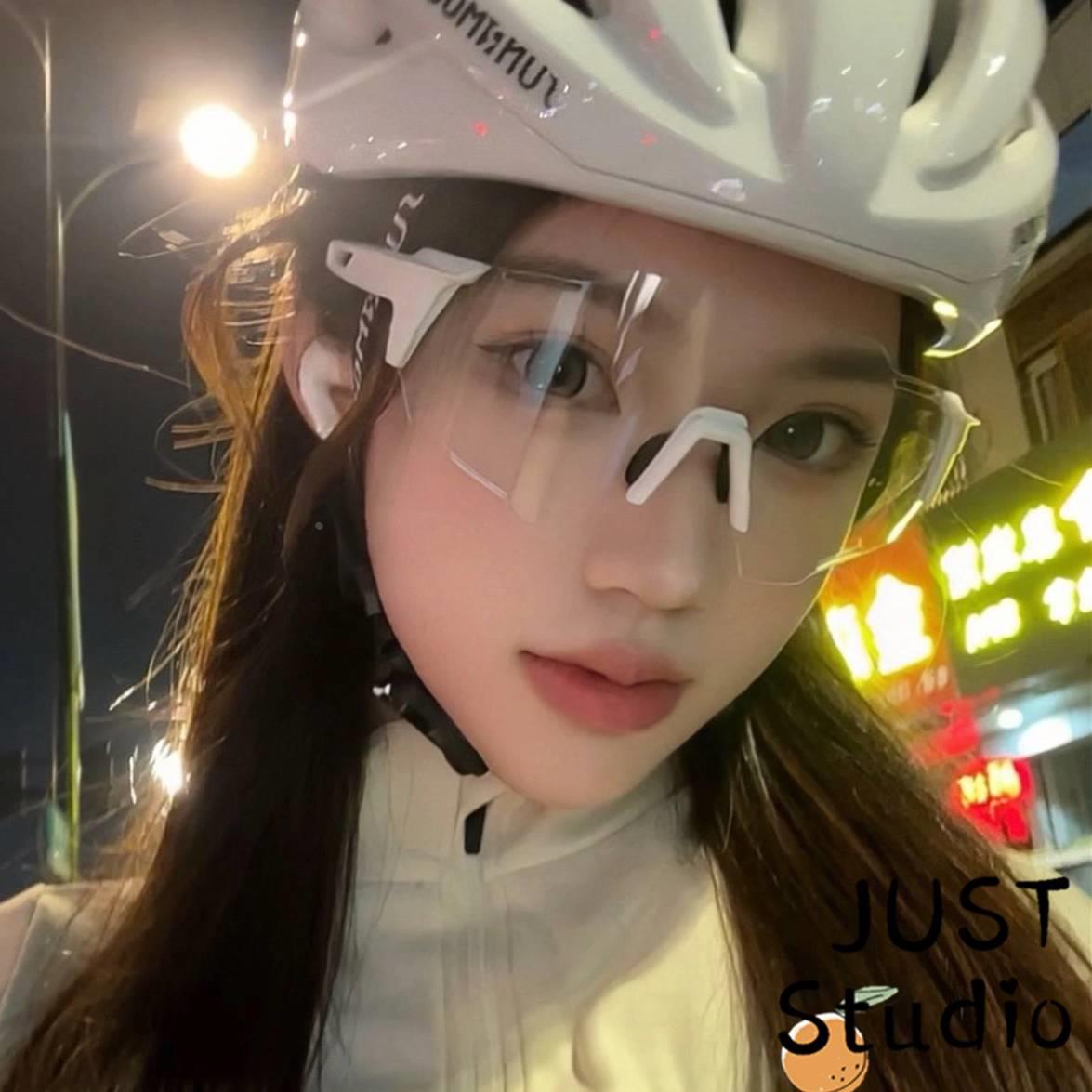 女生自行车骑行眼镜白框透明片大框显脸小户外防风沙紫外线