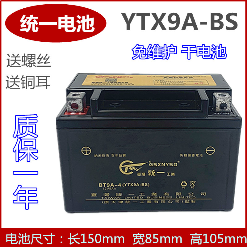 统一摩托车干电瓶免维护YTX9-B 12V8A SGW250黄龙600大踏板蓄电池