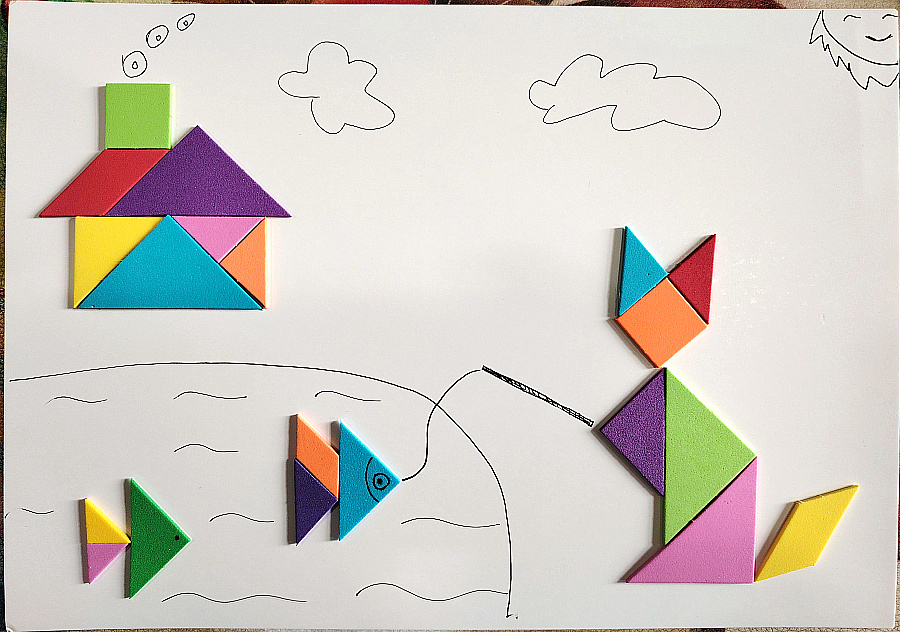 【适合A4】七巧板贴纸拼贴画小猫钓鱼 幼儿园创意拼图几何图形diy