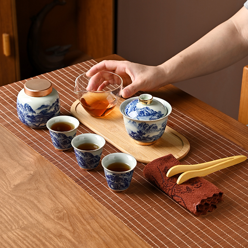 青花瓷山水画陶瓷茶具小套组功夫茶具套装复古户外露营便携式茶具