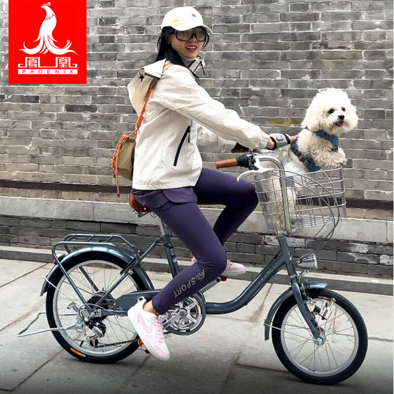 凤凰成人女士自行车网红通勤日式复古大小轮女生宠物代步变速单车
