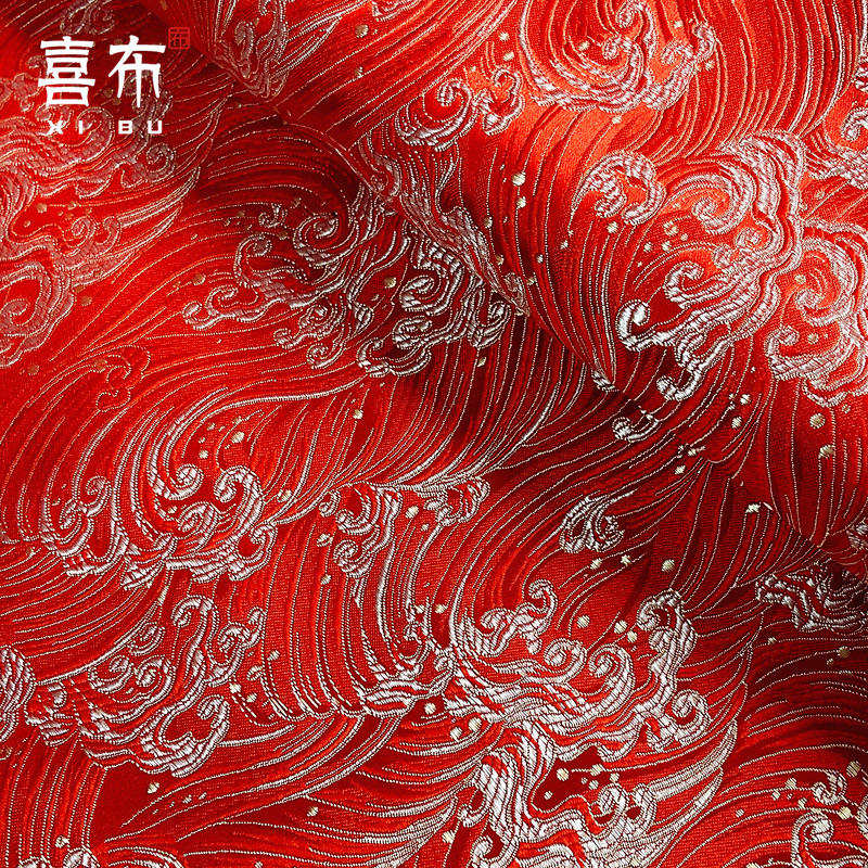 红色海浪花夹金神奈川冲浪里织锦缎布料西阵织古装丝绸缎子包面料