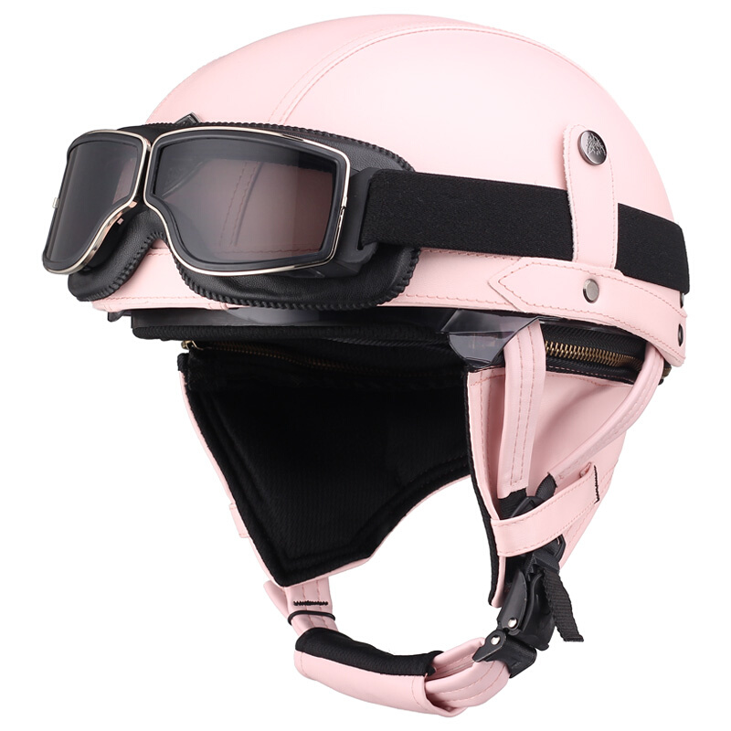 夏天电瓶车安全盔女式机车安全帽电动摩托车复古半盔粉色皮革四季