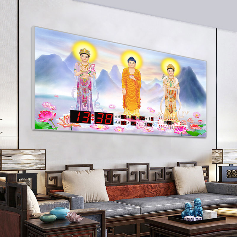 2022年佛祖观音菩萨数码电子万年历挂墙新款家用客厅壁挂时钟表灯