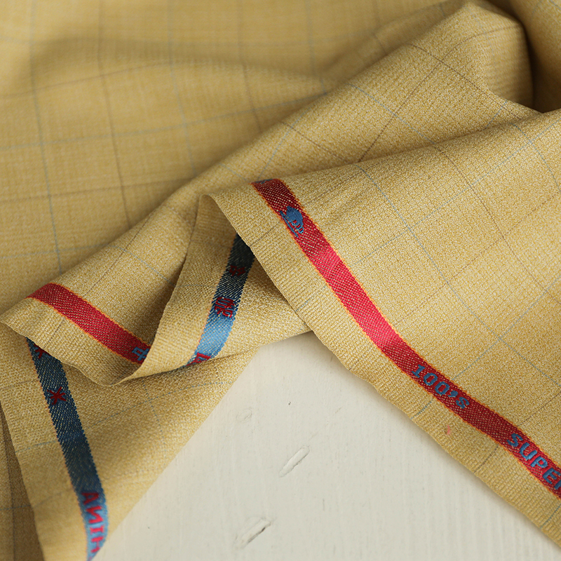 阳光薄款浅驼芥黄杂色格纹细腻交织精纺纯羊毛面料设计师西装布料