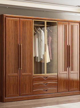 胡桃木实木衣柜家用卧室全实木现代简约小户型带玻璃门储物大衣橱