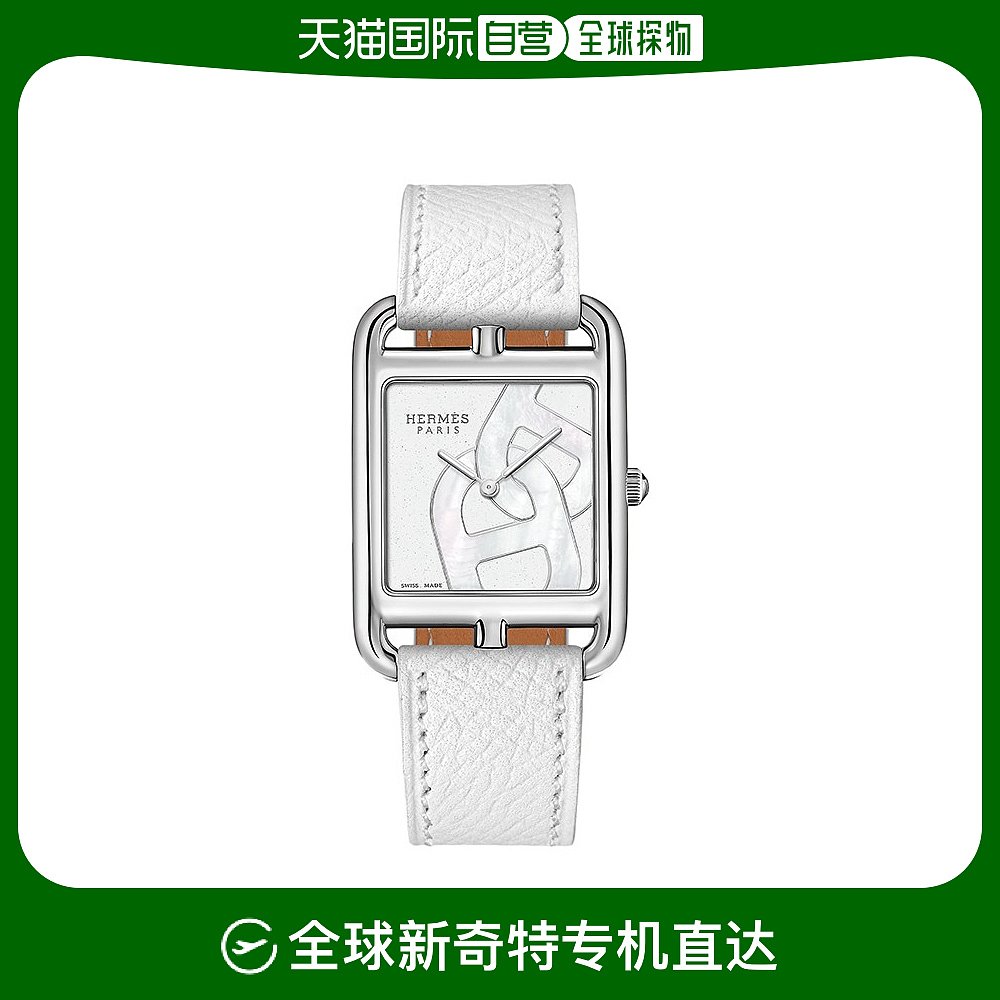 欧洲直邮Hermes/爱马仕 CC大号系列女士白色牛皮带锚链图方盘腕表