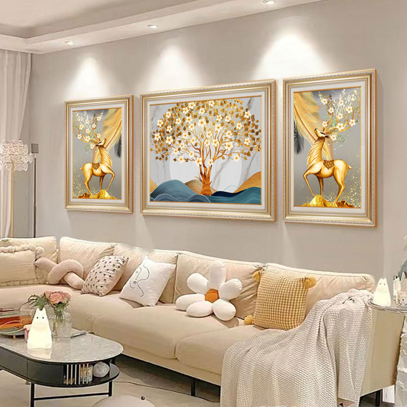 客厅装饰画油画肌理画欧美式三联正品法式奶油风沙发背景墙壁挂画