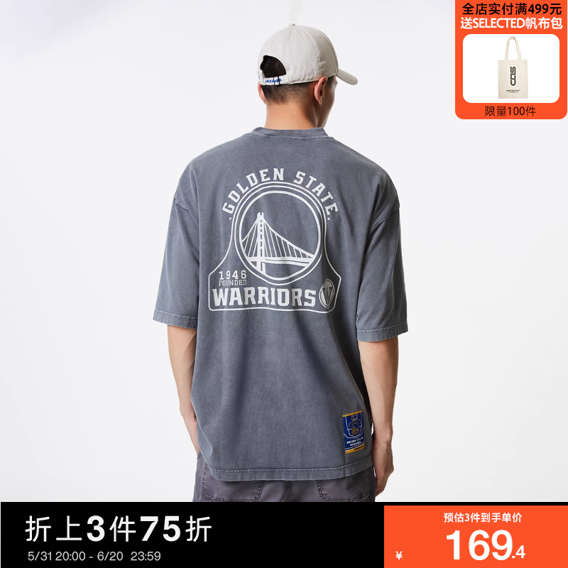 [新]杰克琼斯秋季新款男士NBA联名个性勇士队印花宽松logo刺绣T恤
