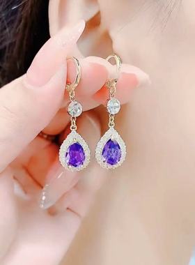 韩国东大门紫色水晶宝石时尚耳环女气质长款耳饰钉耳坠2021新款潮