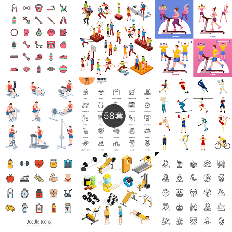 健身图标图形插画健康运动人物矢量ai设计素材打包下载-215