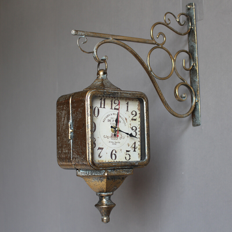 美式创意复古时尚静音双面钟欧式个性铁艺装饰挂钟客厅家用钟表