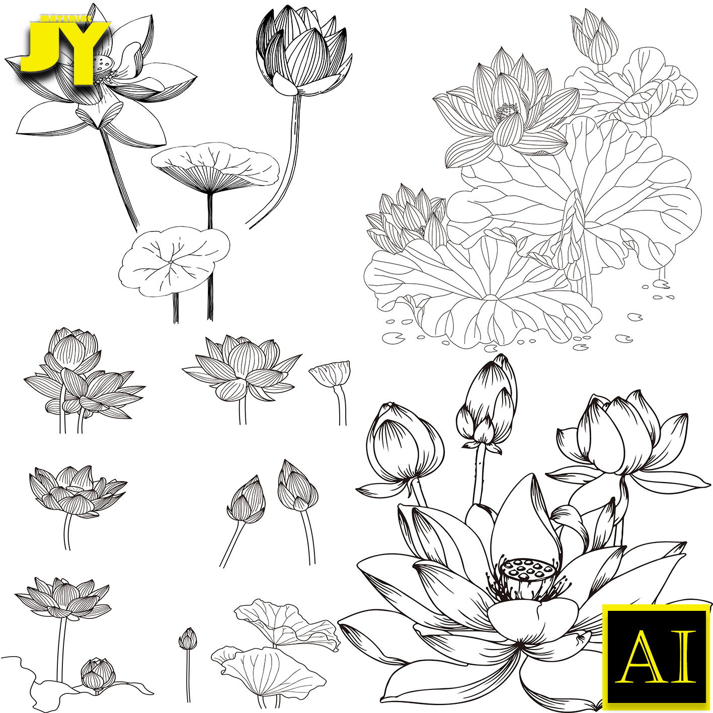 手绘线描素描白描金色线条荷花莲花荷叶印花图案植物花卉矢量素材