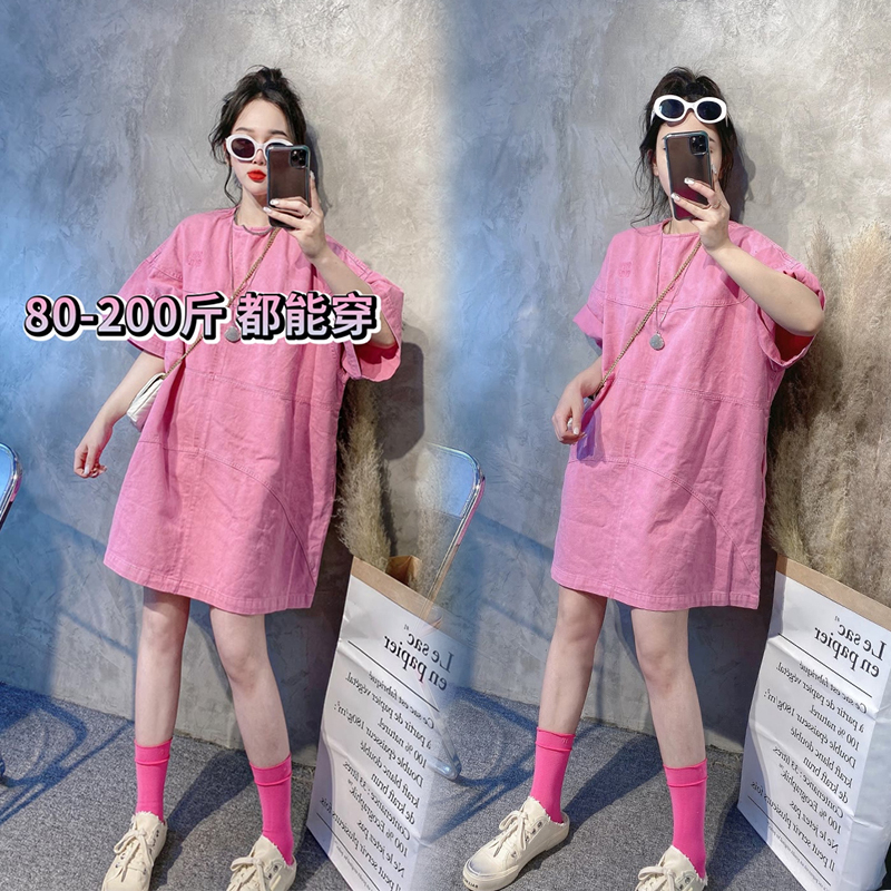 超大码2-300斤胖mm夏季新款纯色圆领连衣裙女韩版洋气气质裙子ins