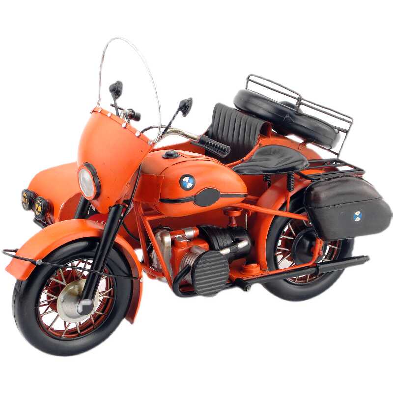 复古铁艺橘红色宝马摩托车模型侉子偏三轮摩托装饰男孩房间摆件