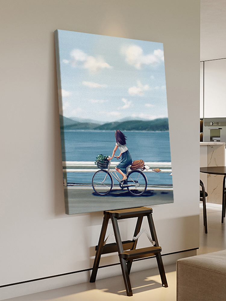 治愈系手绘油画客厅玄关江边风景蓝天装饰画骑单车的女孩小众挂画
