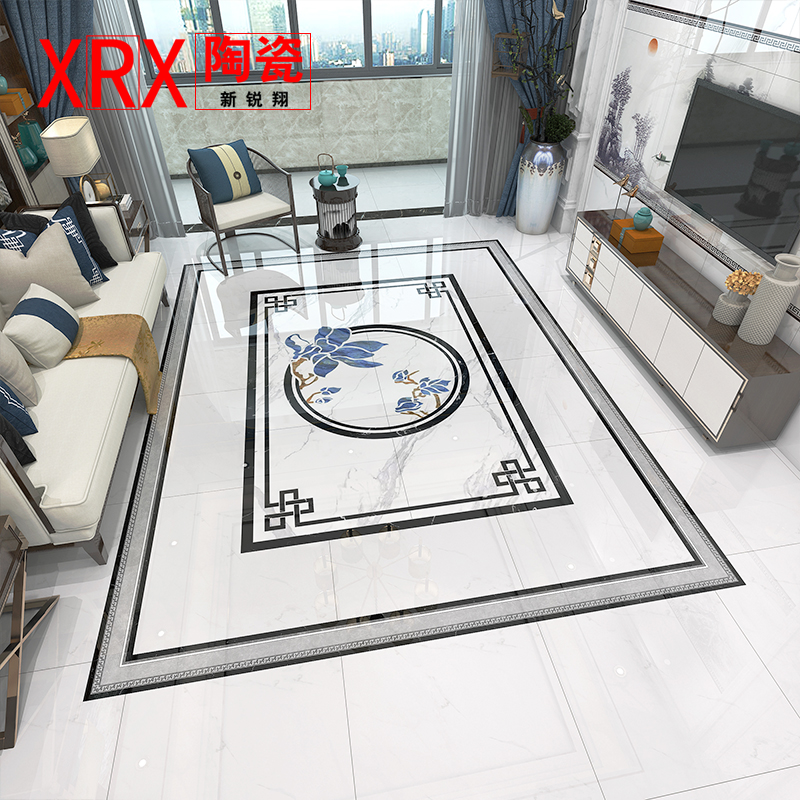 现代新中式拼花瓷砖客厅地板拼图砖订制水刀餐厅过道地砖地毯金砖