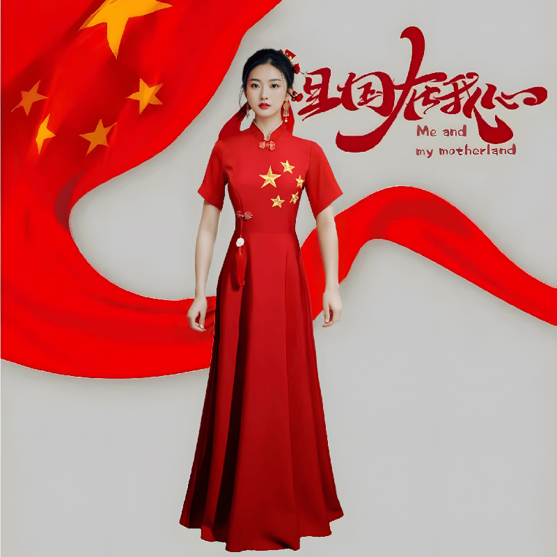 大合唱演出服女长裙学生合唱团中国风主持人晚装红歌党建气质礼服