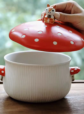 泽滕家泡面碗带盖子蘑菇陶瓷装汤面螺蛳粉沙拉创意卡通可爱大容量
