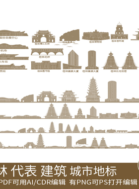 桂林广西地标城市手绘设计剪影旅游景点建筑插画天际线条描稿素材
