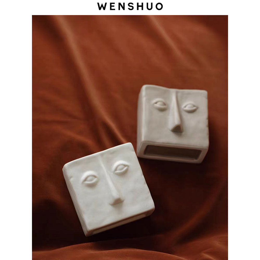 WENSHUO 抽象北欧方脸花瓶 ins风趣味摆件笔筒客厅艺术软装装饰
