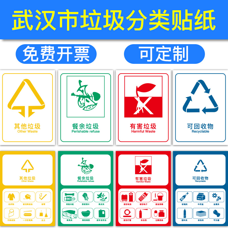 武汉市垃圾分类标识贴纸可回收有害其他垃圾墙贴幼儿园儿童创意家用宣传海报卡通提示牌易腐餐余标识防水防晒