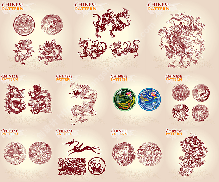 龙纹花纹图腾 中国传统龙纹吉祥纹样元素 AI格式矢量设计素材