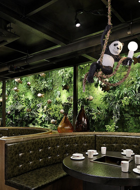 北欧创意个性动物园装饰麻绳熊猫吊灯酒吧餐厅民宿风格木屋植物灯