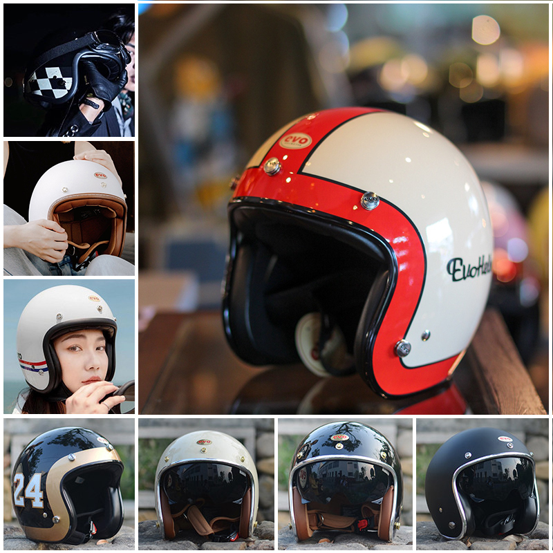 台湾evo摩托车复古头盔哈雷3/4机车骑行安全帽女踏板小盔体带镜片