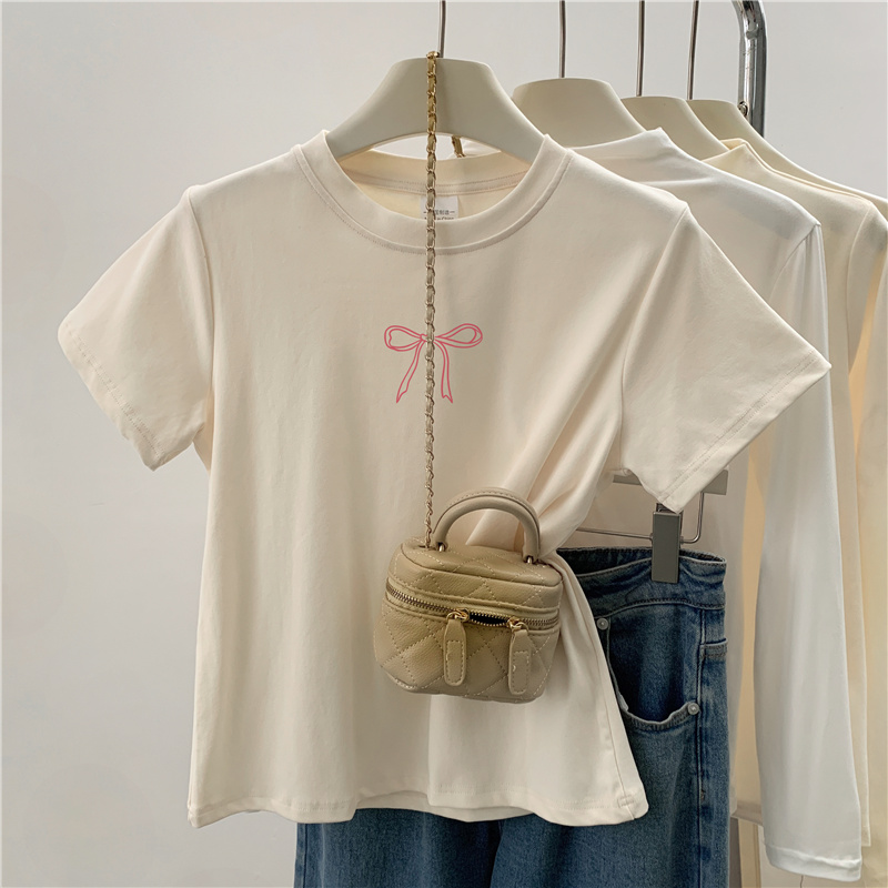 广州十三行服装批发市场2024夏季新款蝴蝶结印花设计短袖正肩T恤