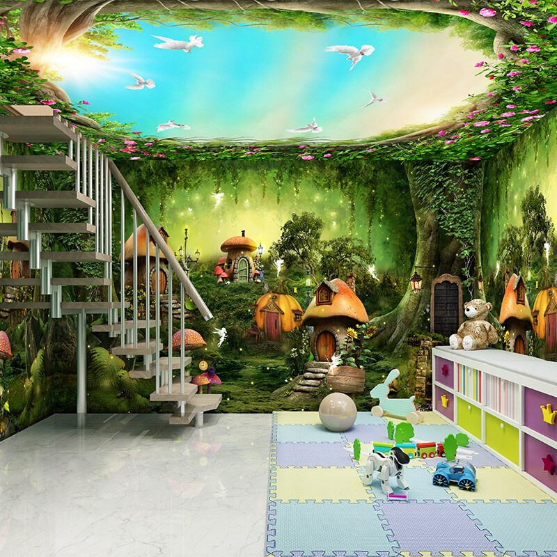 森林蘑菇屋装饰画墙贴小精灵的房子个性儿童房3D立体植物自然壁画