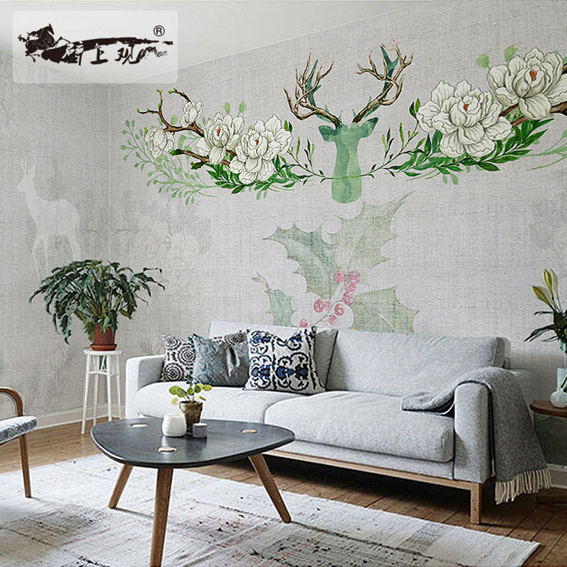 2022新款壁画客厅沙发电视背景墙壁画手绘麋鹿花卉墙纸无纺布墙布