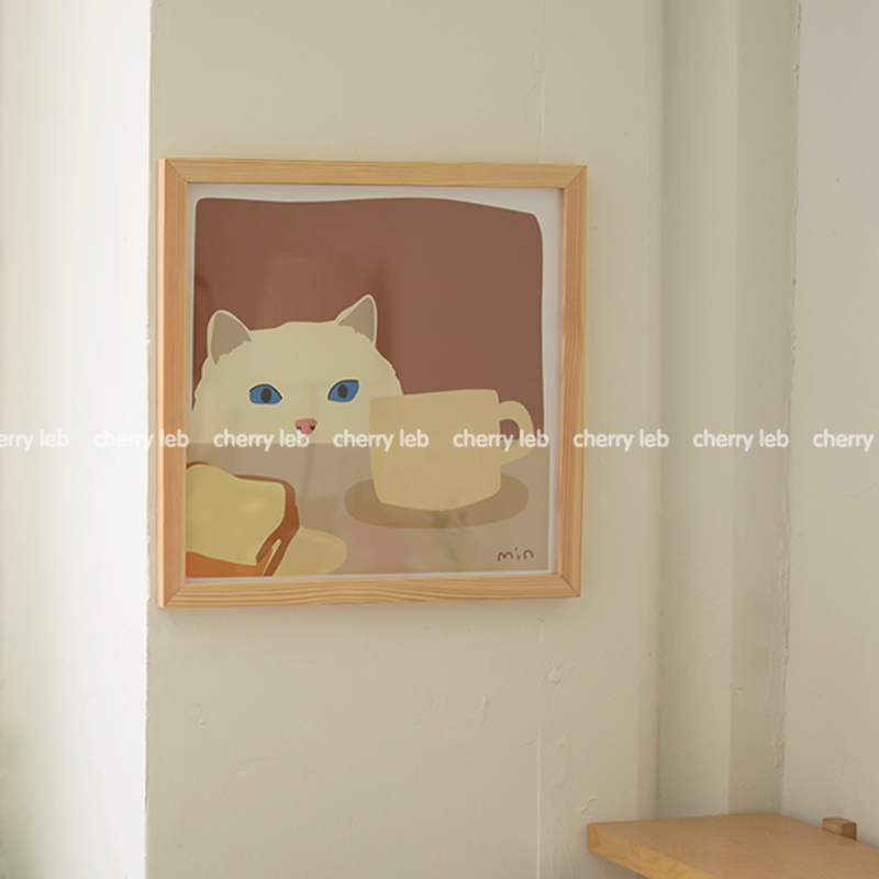 cat偷喝牛奶的猫咪卡通可爱海报装饰画装饰板正方形原木相框挂画