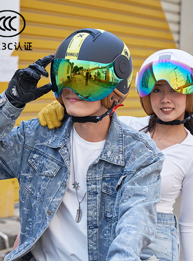国潮RNG复古3C认证机车摩托车头盔夏男女款日式哈雷盔电动车半盔