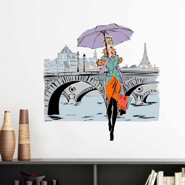 河流大桥女士法国插画墙贴壁纸房间贴花