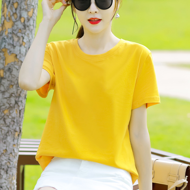 夏季纯棉短袖t恤女装2024年新款宽松纯色上衣服黄色内搭夏装女士