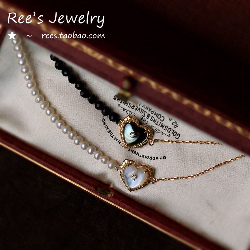 【Rees】天鹅湖少女 日系深黑白蝶贝18k黄金钻石珍珠尖晶石手链