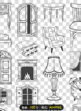 手绘线条家具图标简笔画家用电器ai文件png厨房用品窗户桌子椅子
