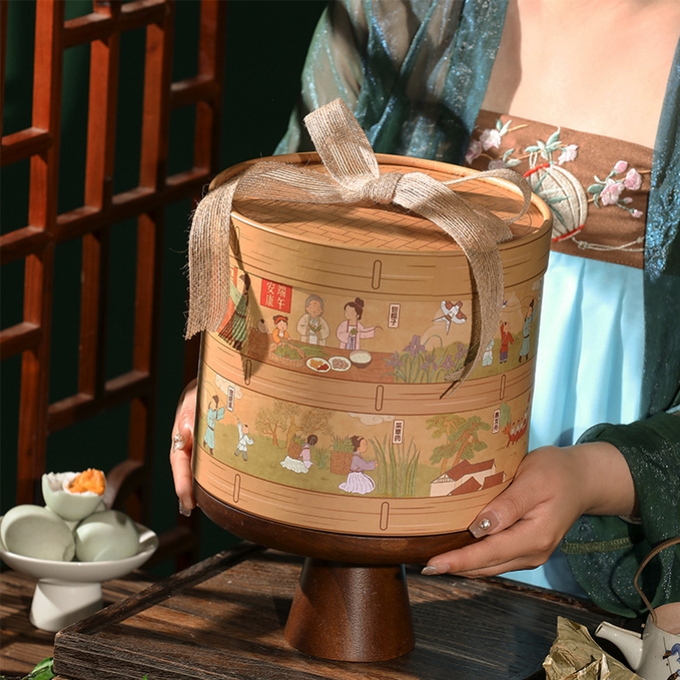 中国风手绘端午节粽子抱抱桶手提礼盒空盒高档圆筒包装盒手作包装