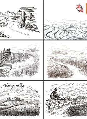 田野乡村农村农场山林麦田自然风景手绘素描插画AI矢量设计素材