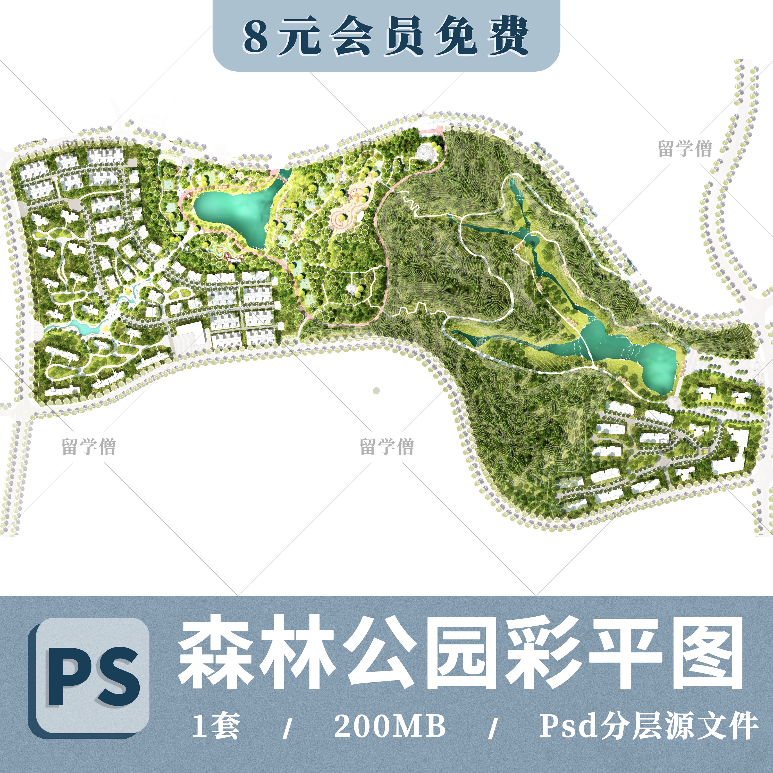2024大型景观规划彩平图PS森林山体公园彩色总平面图PSD分层素材