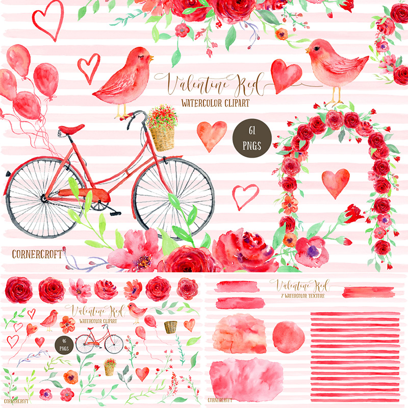 手绘水彩粉红色婚礼单车花卉枝叶小鸟背景设计png免抠高清素材图