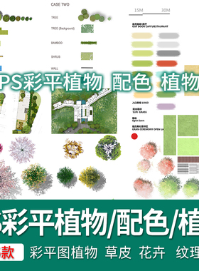园林景观小清新竞赛PSD彩平图植物树分层素材草皮花卉纹理配色